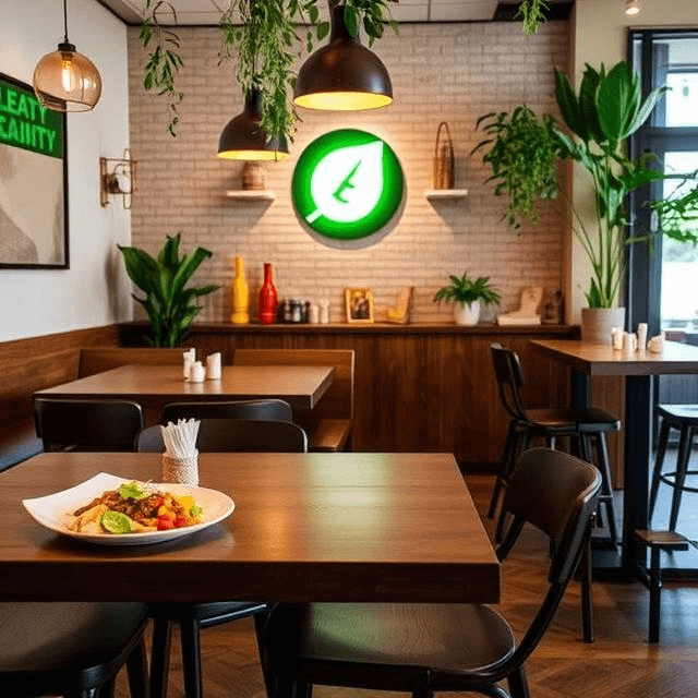 LeafyEats restaurant interior with plants and natural lighting